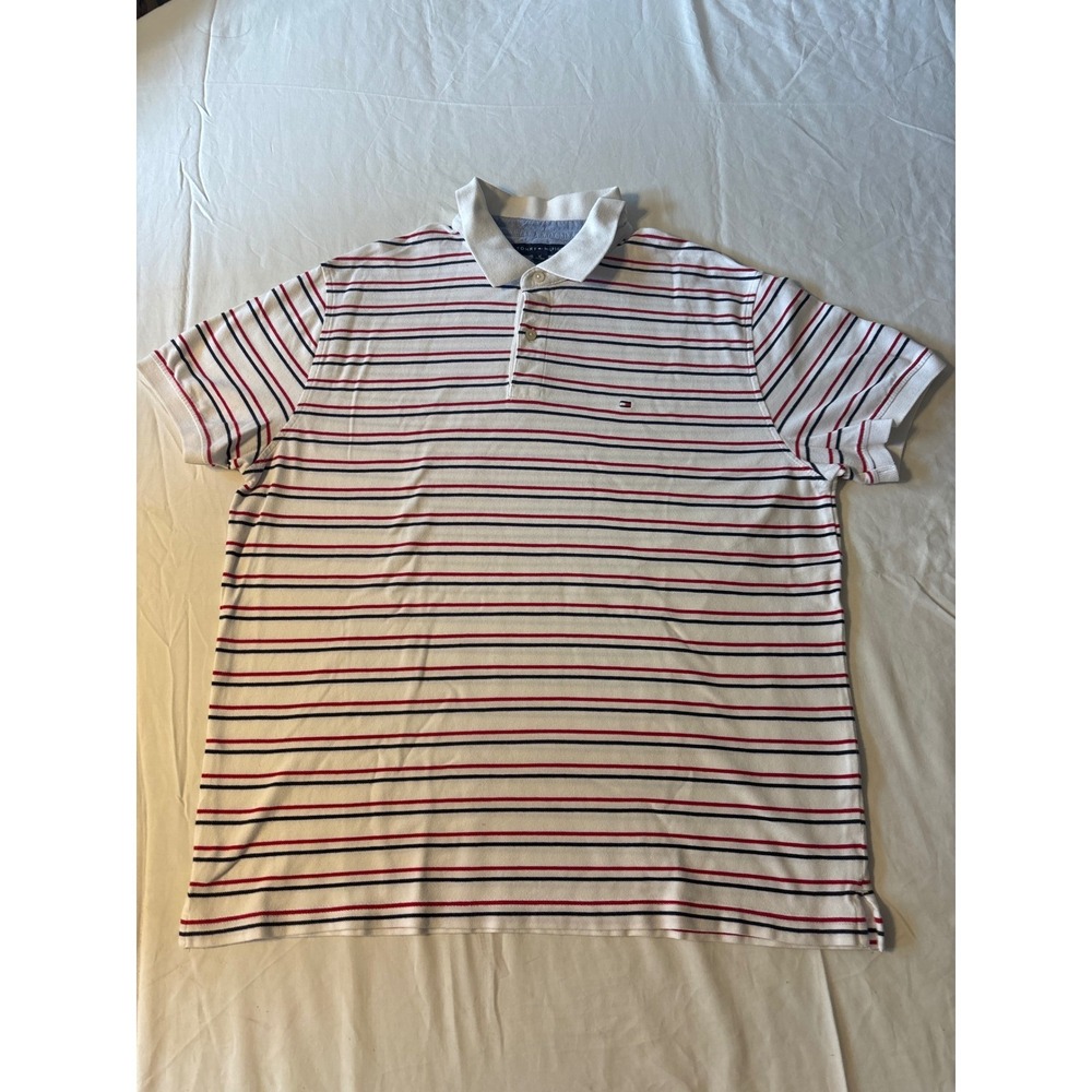 Tommy Hilfiger Polo Shirt Mens XL White Red Navy Striped Slim Fit Pique